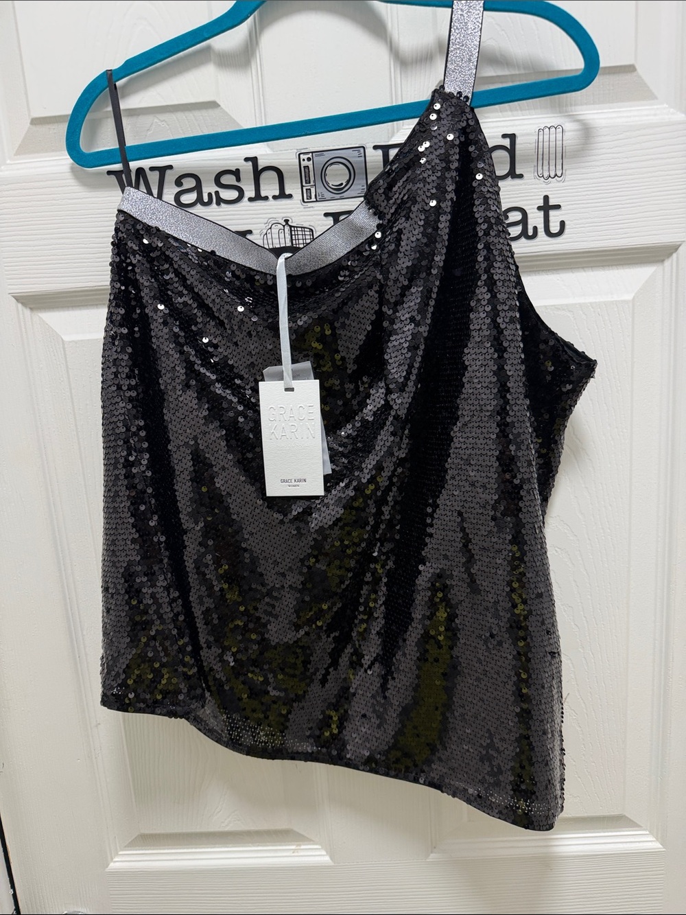 Grace Karin Black Sequin One-Shoulder Camisole with Silver Strap